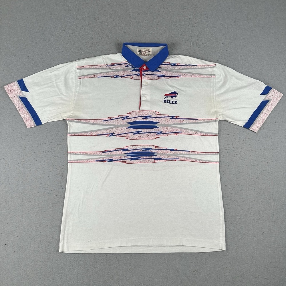 Vtg 90s Buffalo Bills Polo Shirt Men's XL White Pattern AOP Short‎ Sleeve